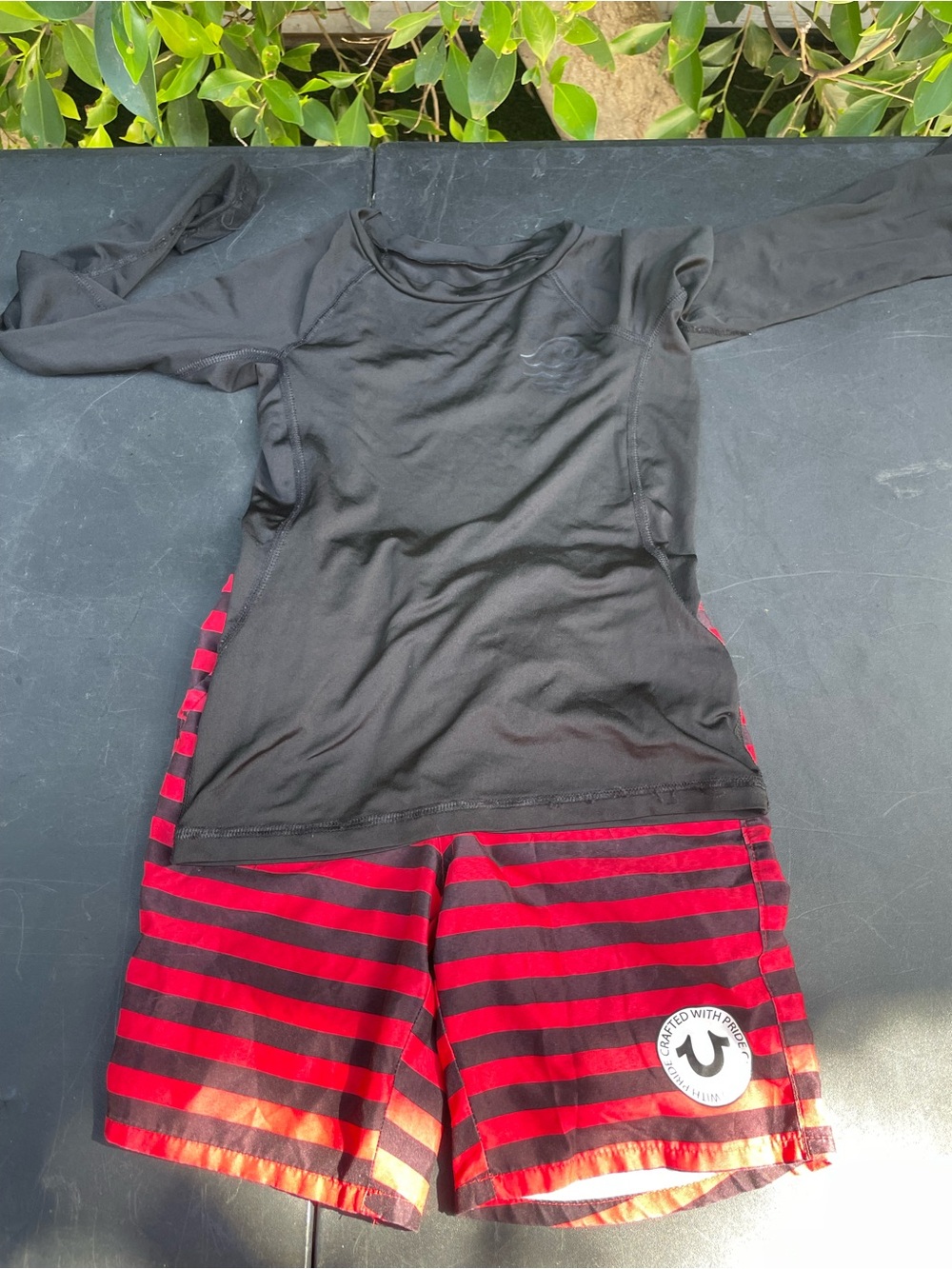 Boy True Religion swim shorts and black rash guard
